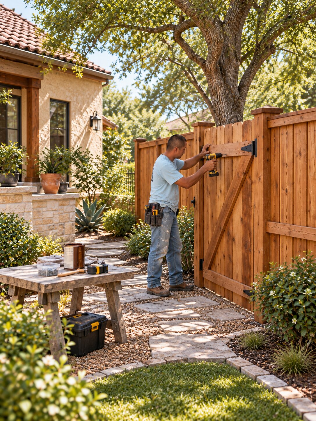 Representative wide scene of Victor repairing a wood gate at a San Antonio home