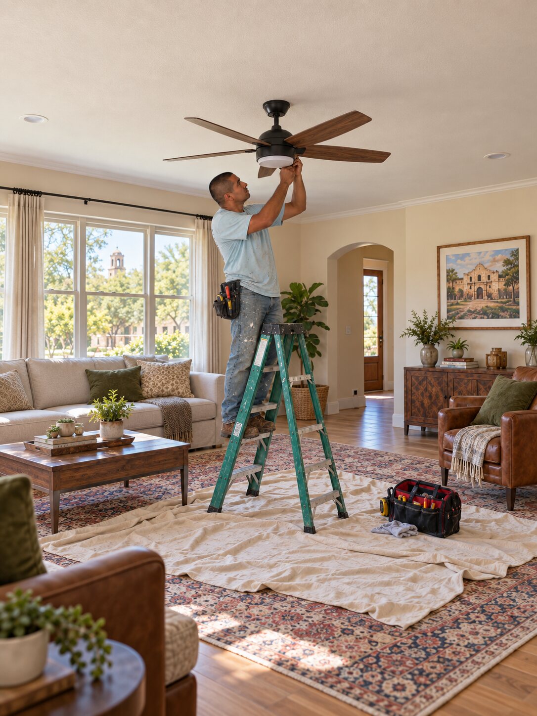 Representative wide scene of Victor installing a ceiling fan in a San Antonio home
