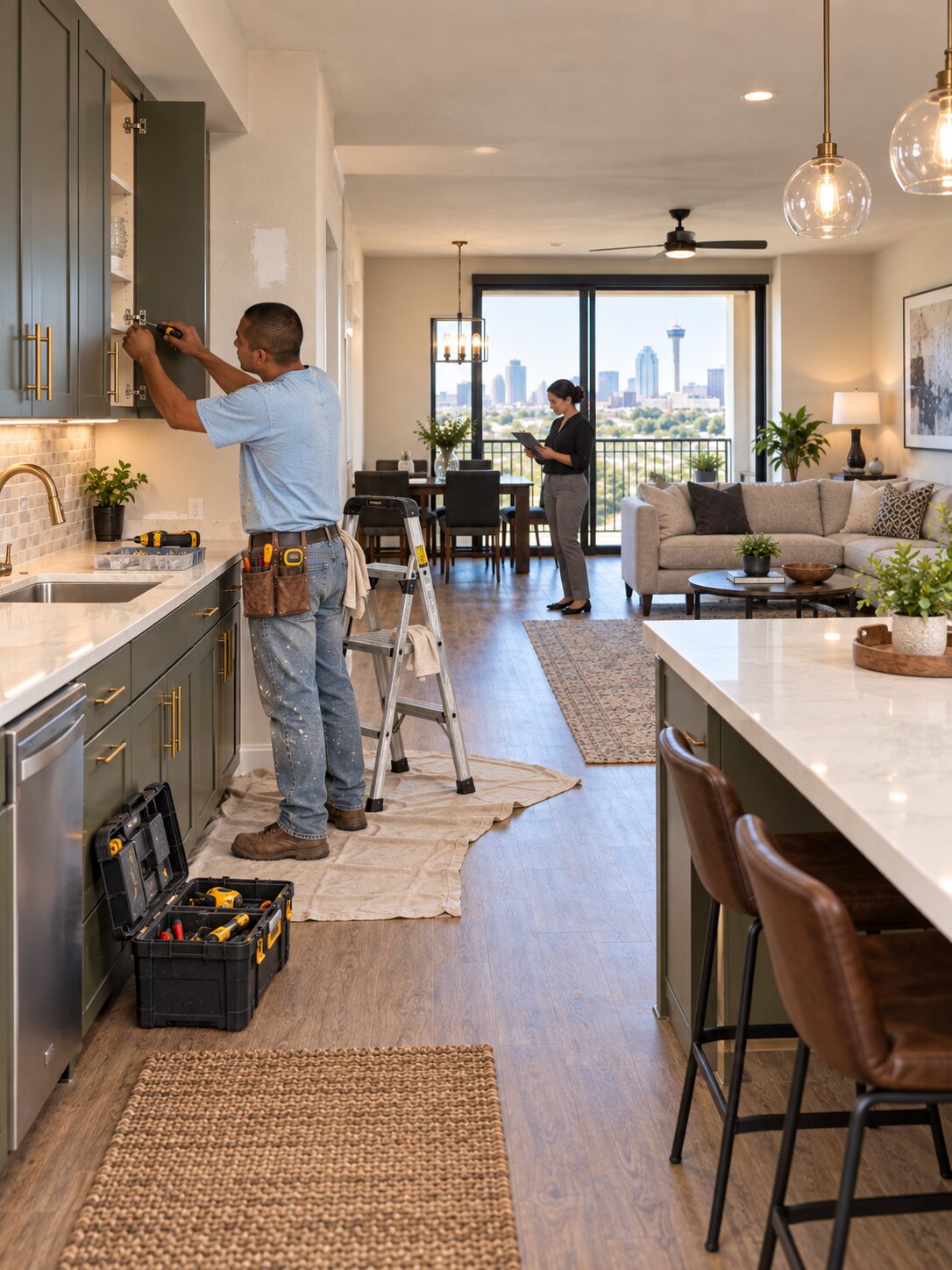Representative wide scene of Victor completing cabinet repairs during a property make-ready visit